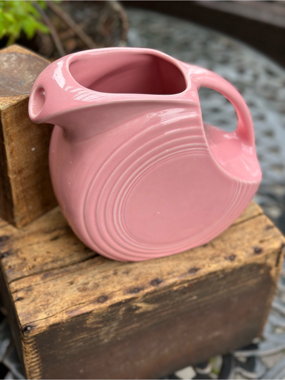 Fiesta Pink Ceramic Pitcher Disk Style 7 Inch Vintage Look